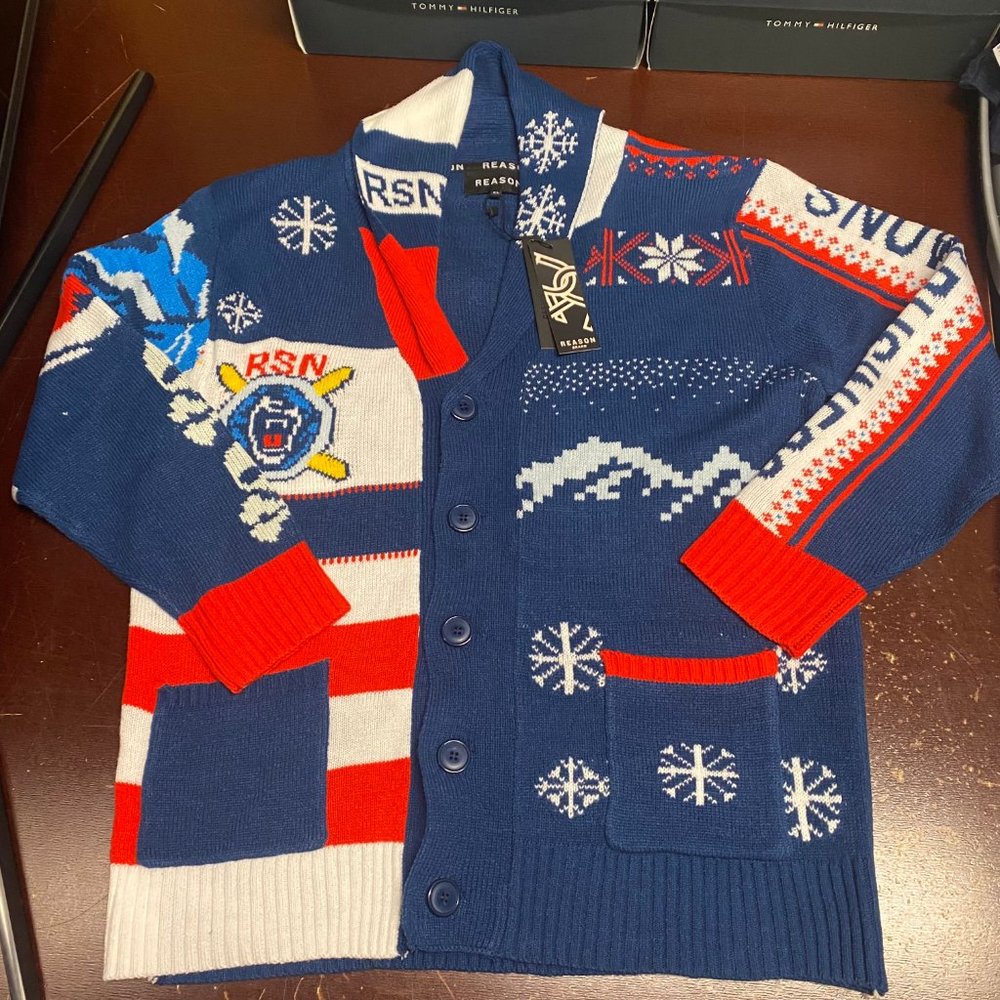 Reason Mens Blue Snow Shawl Collar Knit Long Sleeve Cardigan Sweater Size L XL